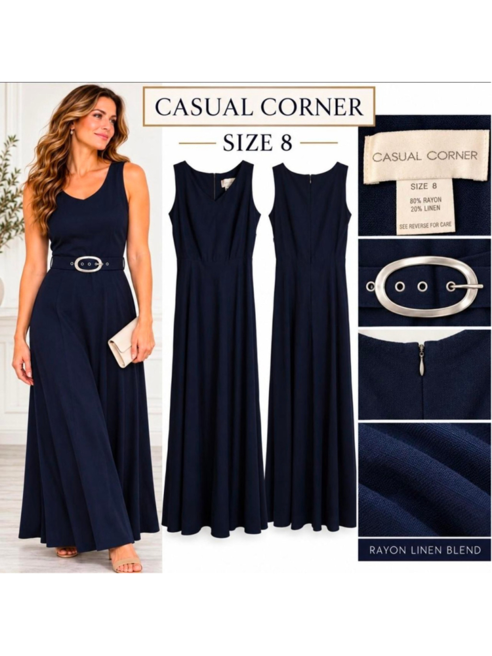 Casual Corner Vintage Navy Sleeveless Maxi Dress Size 8 Rayon Linen Belted